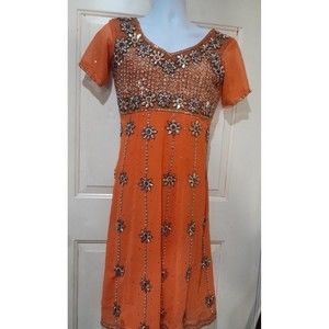 Vintage Dress,Handmade,  Beaded Sequined Jeweled, Orange, Indian, Flower, Small
